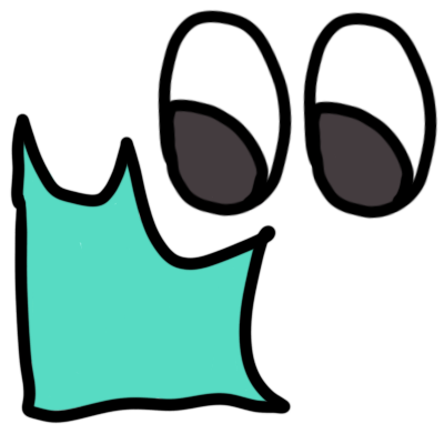 two cartoon, emoji-like brown eyes, shaped like ovals, looking towards a turquoise shape.